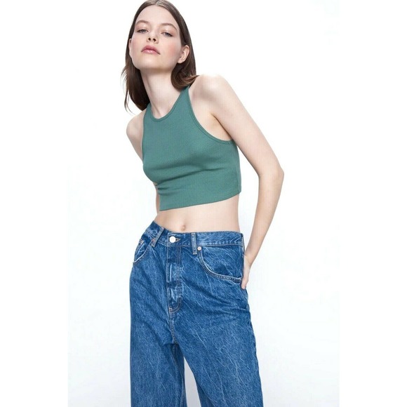 Zara | Tops | Zara Cropped Tank Top Ribbed Crop Green Shirt | Poshmark
